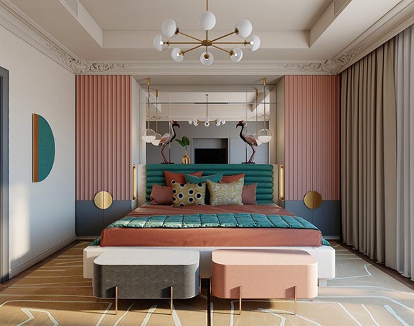 Hai màu hồng - xanh lá tương phản kết hợp với màu ghi xám để không gian phòng ngủ vừa nổi bật, vừa hài hòa.