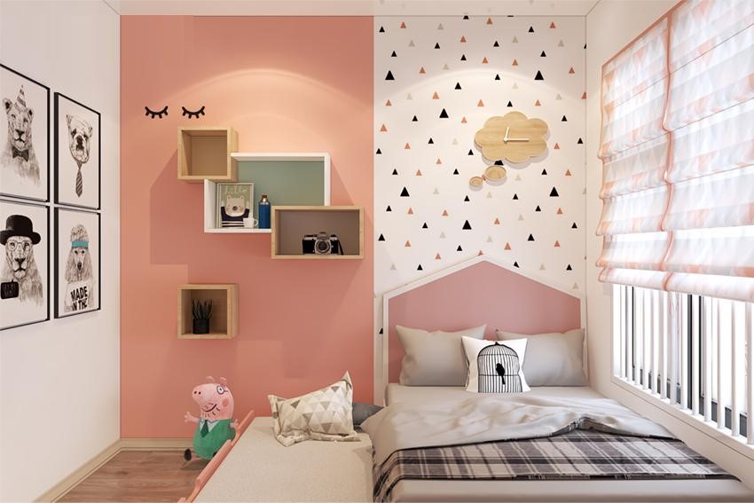 Phòng ngủ nhẹ nhàng, xinh xắn với tường hồng - trắng.