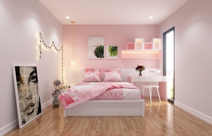 Gam trắng ánh hồng giúp phòng ngủ nhẹ nhàng, hiện đại.
