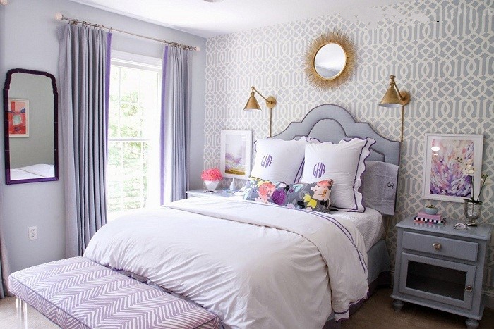 Phòng ngủ sơn tường màu tím pastel mộng mơ, yên bình.