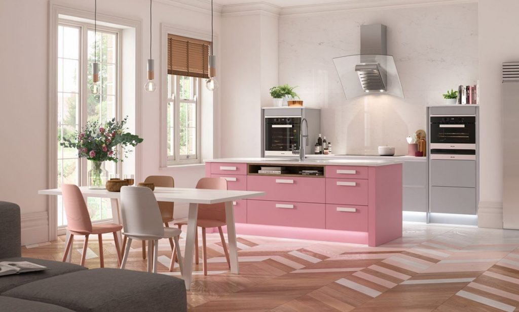 Màu hồng xanh pastel mang đến sự dễ thương, yên bình cho phòng bếp.