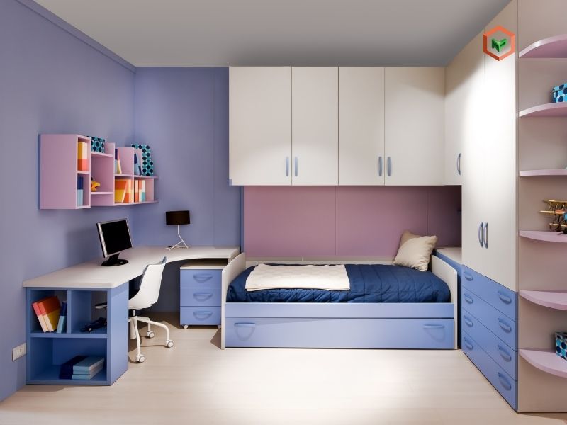 Top 7 Màu Sơn Chuẩn Đẹp Cho Phòng Ngủ Nhỏ Hẹp 26 Phòng ngủ nhỏ màu xanh dương pastel chủ đạo kết hợp màu trắng và hồng làm điểm nhấn