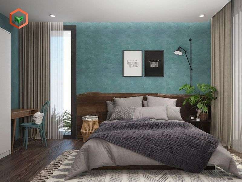 Phòng ngủ thu hút người nhìn với sơn hiệu ứng bê tông màu Mallard Green đậm nhạt tự nhiên