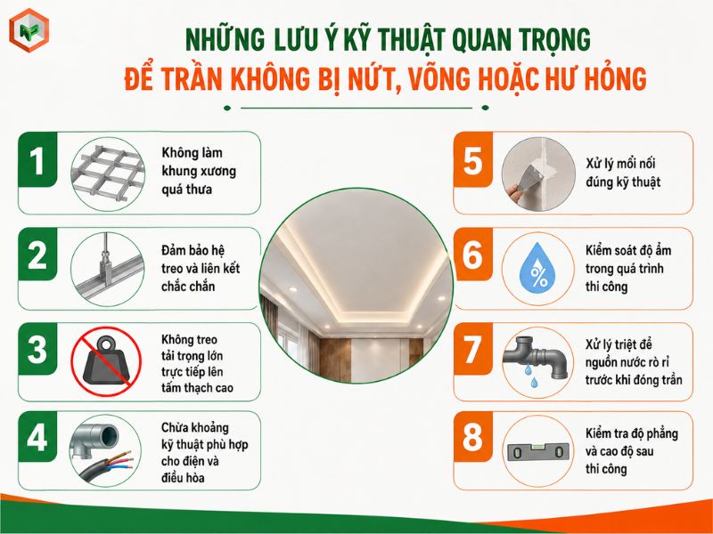 Kỹ thuật thi công trần thạch cao để tránh lỗi nứt, võng, hư hỏng