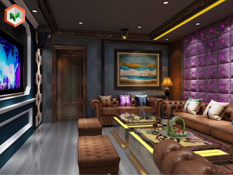 Phòng karaoke sơn hiệu ứng giả đá tone xám sang trọng