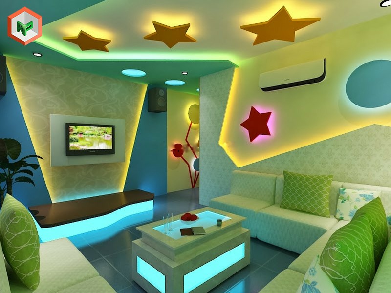 Phòng karaoke sơn hiệu ứng xanh lá – xanh dương tươi mát