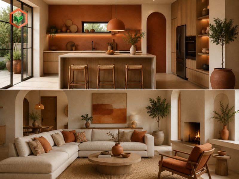 Phối màu sơn nhà tông màu đất nung và cam cháy (Terracotta & Burnt Orange): Hơi thở ấm áp của đất mẹ