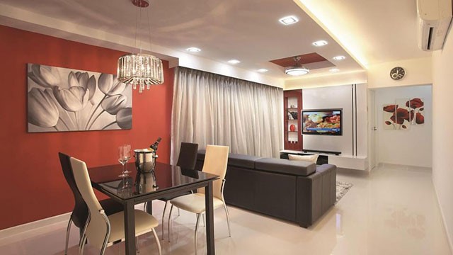 Phòng khách kết hợp với không gian ăn uống đầy ấm cúng nhờ sơn Frost White OW041 phối cùng Red Hot 6A - 1A.