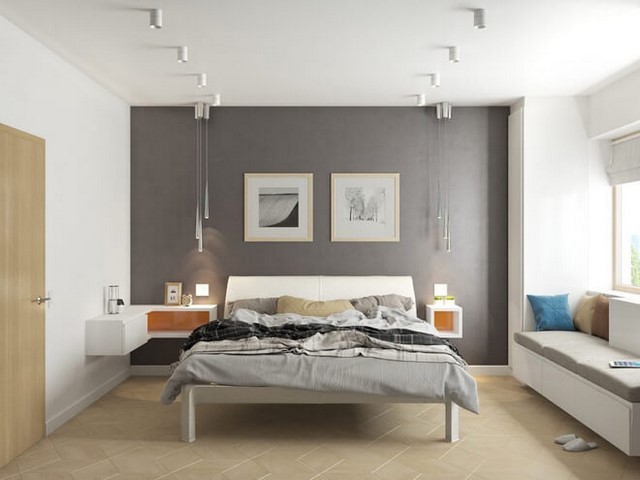 Phòng ngủ với bức tường xám đậm mã màu Gray Mood 13B-4D làm điểm nhấn ấn tượng.