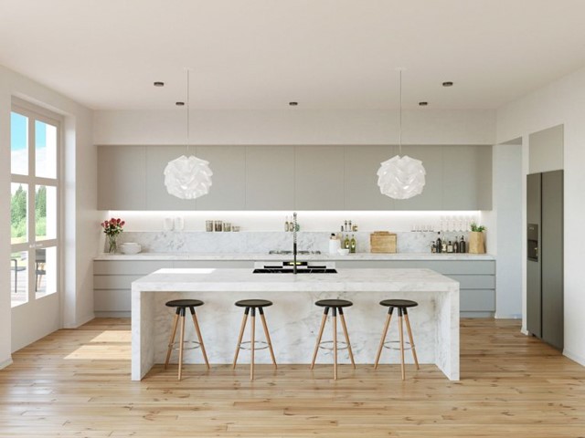 Phòng bếp đơn giản, thanh lịch với tone màu trắng. 