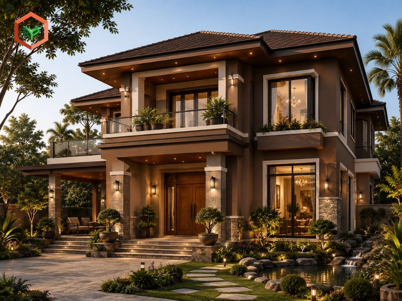 Ngoại thất nhà màu nâu đất (Nâu cà phê sữa) – Mộc mạc, vững chãi và cuốn hút