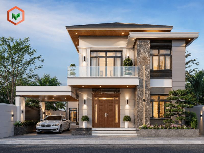 Phối màu sắc nhà ngoại thất kết hợp  ốp đá granite