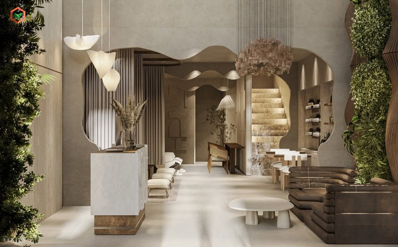 Thiết kế sảnh lễ tân Spa với các đèn chùm ấn tượng