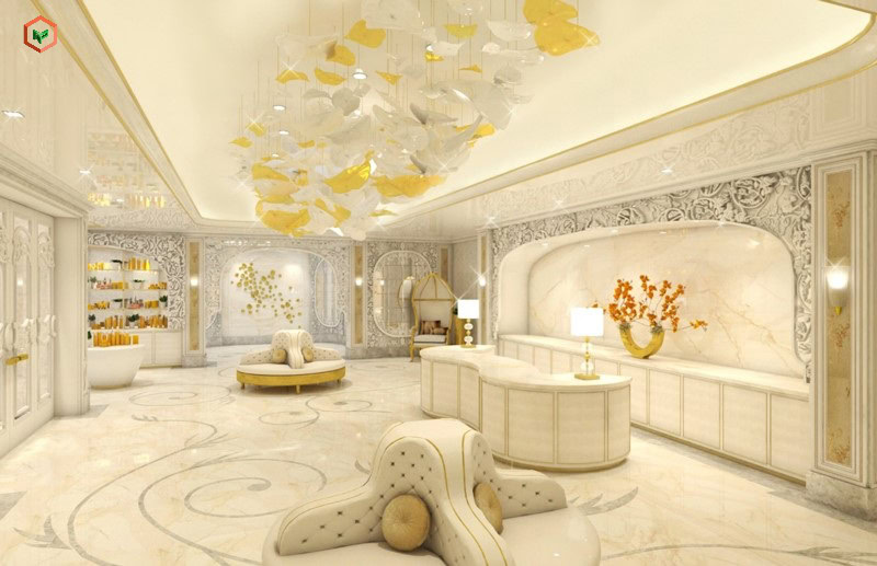 Thiết kế Spa sang trọng, chuyên nghiệp với sự kết hợp giữa màu vàng và trắng