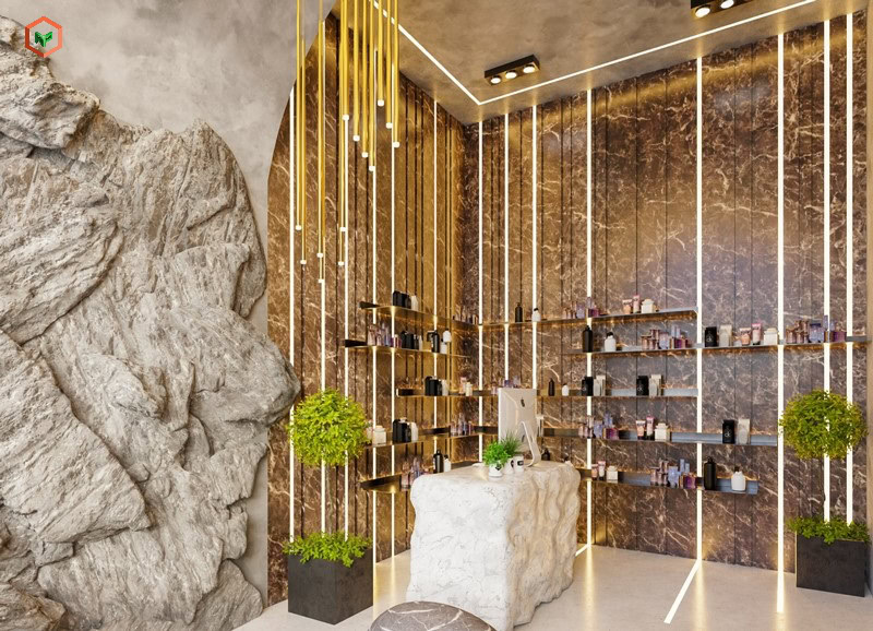 Kết hợp họa tiết đèn ấn tượng cùng gam màu vàng đồng giúp Spa bạn trông sang trọng hơn