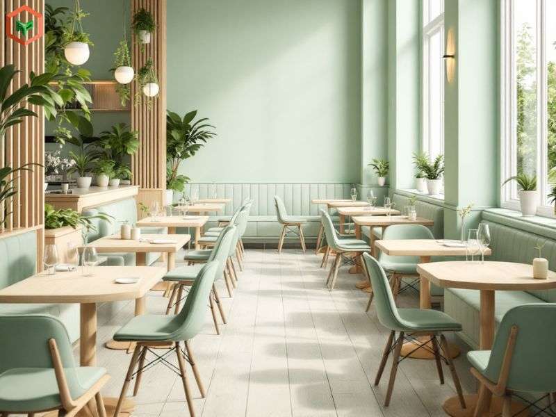 Phối Màu Sơn Cho Nhà Hàng, Quán Ăn 20 Tone xanh pastel – gỗ nhạt
