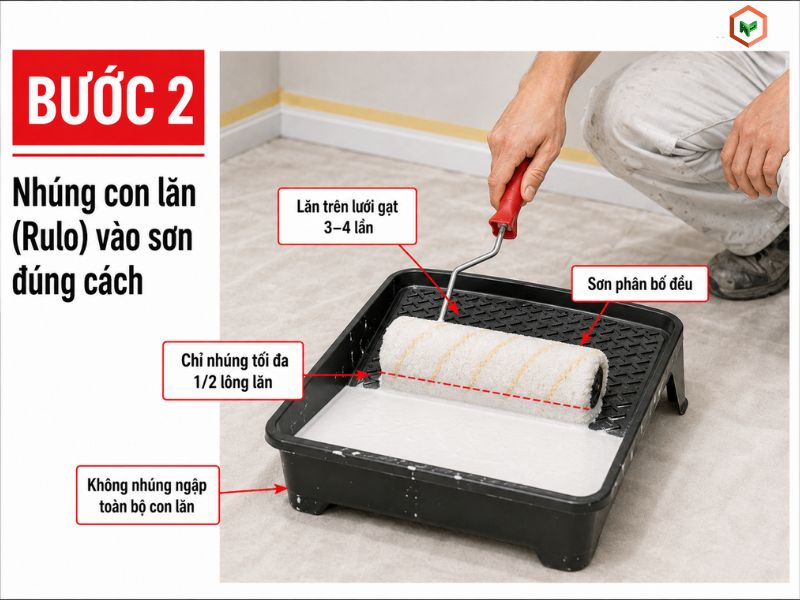 Bước 2: Nhúng con lăn (Rulo) vào sơn đúng cách