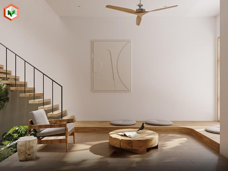 Không gian mở phong cách Japandi với tường màu Warm White xuyên suốt, nội thất gỗ sáng và cây xanh tự nhiên.
