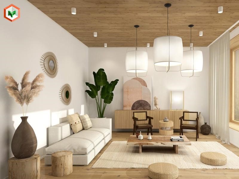 Phòng khách phong cách Japandi sử dụng tường màu Warm White kết hợp nội thất gỗ sáng.