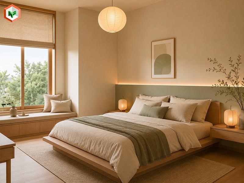 Phòng ngủ Japandi với tường màu Beige, nội thất gỗ tự nhiên và rèm linen.