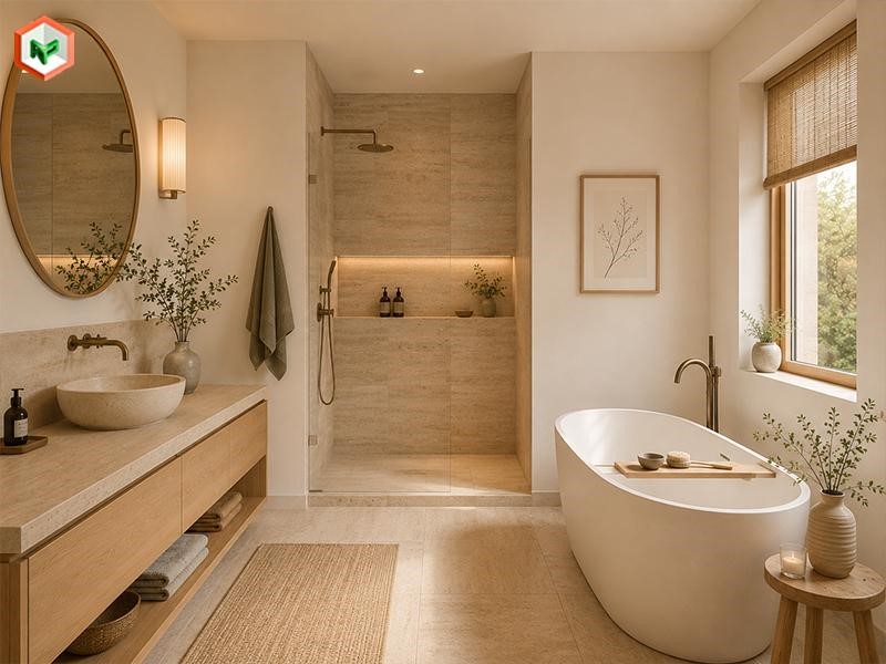 Phòng tắm Japandi sử dụng tường màu Warm White kết hợp đá Travertine.