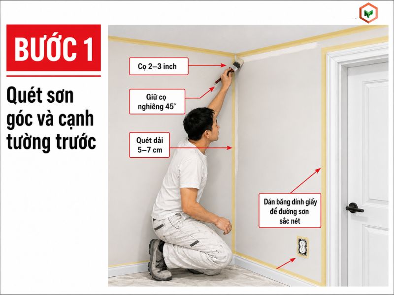 Bước 1: Quét sơn góc và cạnh tường trước