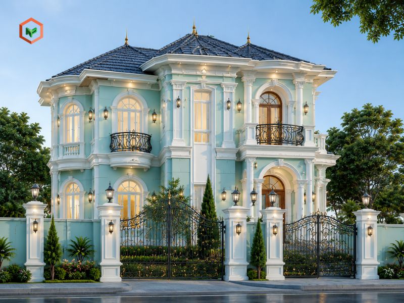 Biệt thự tân cổ điển phù hợp với xanh ngọc nhạt hoặc xanh ngọc bích kết hợp trắng kem