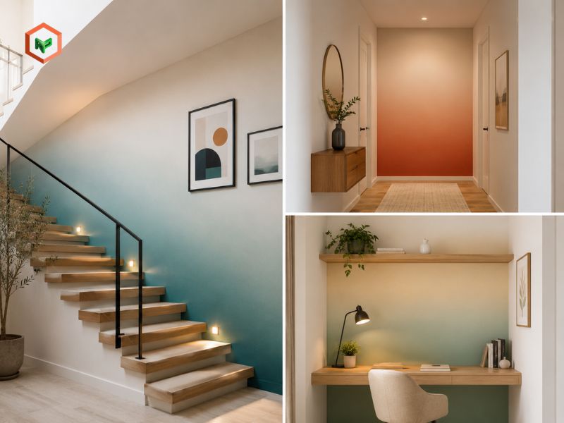 Sử dụng gradient làm điểm nhấn cho các khu vực khác: cầu thang, hành lang, góc làm việc