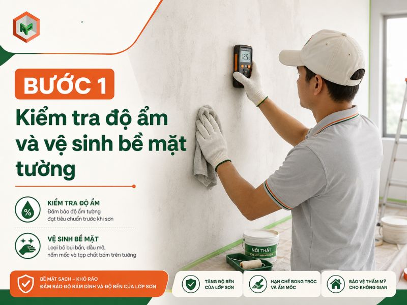 Kiểm tra độ ẩm và vệ sinh bề mặt tường nội thất