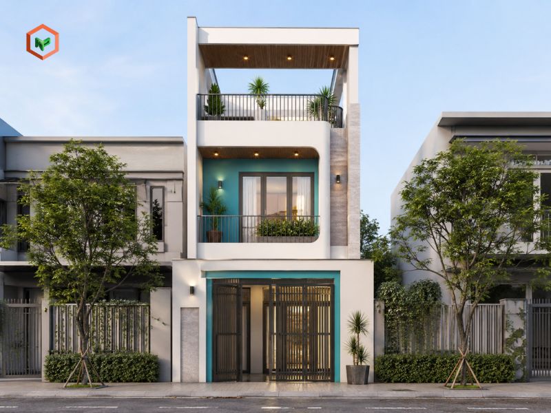 Nhà phố xanh ngọc làm điểm nhấn giúp mặt tiền tiết chế hơn