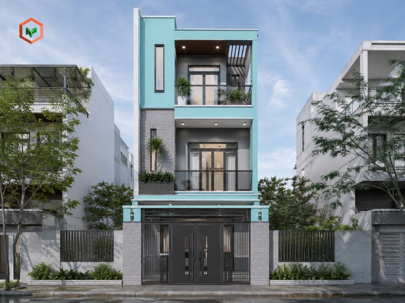 Nhà phối xanh ngọc + ghi hoặc xám tạo vẻ hiện đại