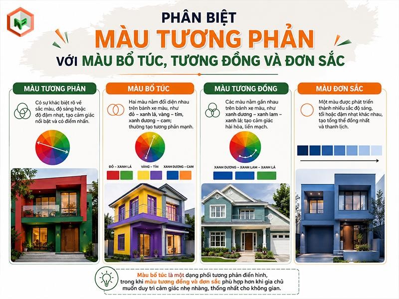 Phân biệt màu tương phản với màu bổ túc, tương đồng và đơn sắc