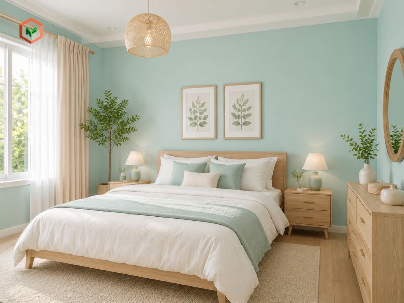 Xanh ngọc pastel tạo nền nhẹ nhàng cho phòng ngủ