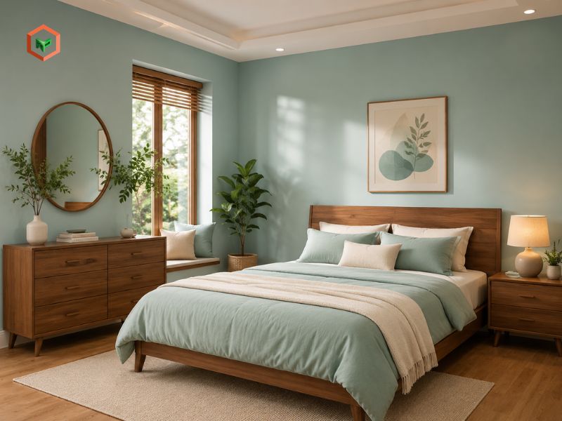 Xanh ngọc + nội thất gỗ tạo không gian gần gũi.