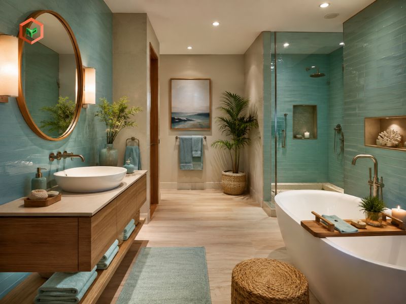 Phòng tắm xanh ngọc + gỗ tạo cảm giác thư giãn như spa