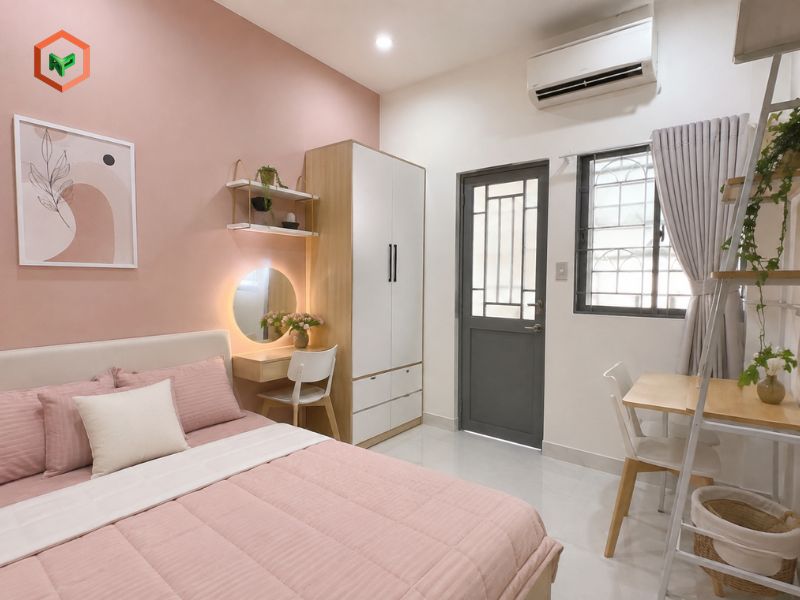 Phối màu sơn phòng trọ hồng phấn + trắng hoặc xám nhạt: Nhẹ nhàng, tinh tế