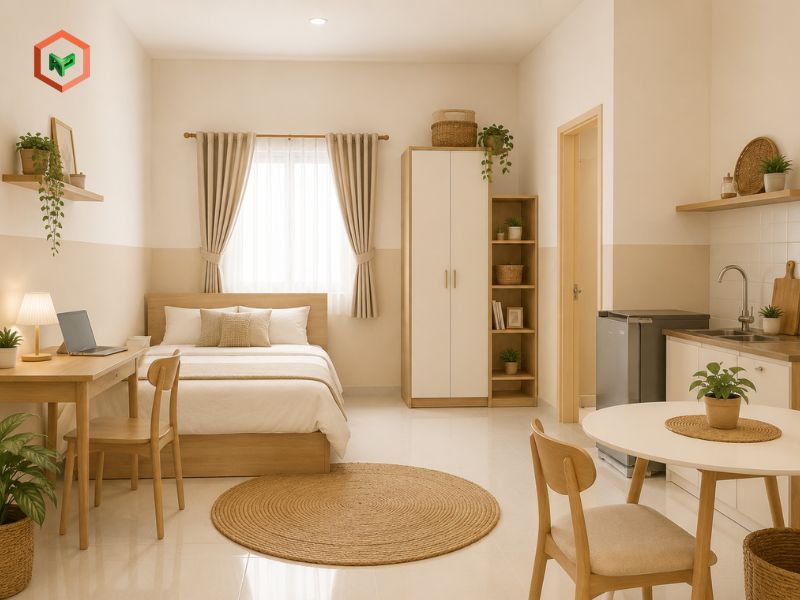 Phối màu sơn phòng trọ trắng sứ + be: Nhẹ nhàng và ấm áp