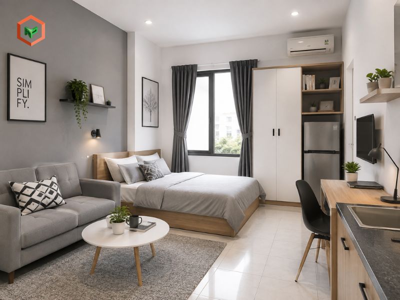 Phòng trọ màu trắng + xám ghi: Hiện đại và thanh lịch