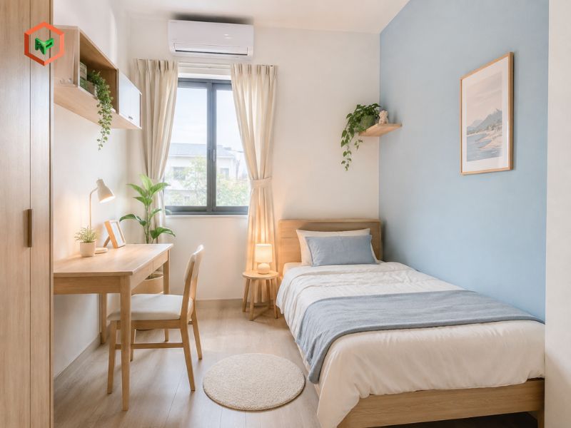 Phối màu sơn phòng trọ xanh dương pastel + trắng: Nhẹ nhàng và mát mắt