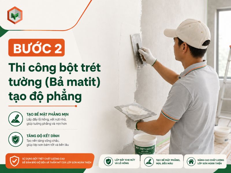 Thi công bột trét tường (Bả matit) tạo độ phẳng tường nội thất