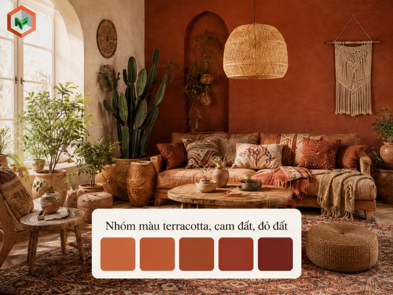 Nhóm màu Earth tone terracotta, cam đất và đỏ đất