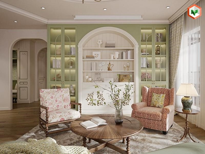 Phối màu sơn phong cách Farmhouse với kim loại, đá và vải