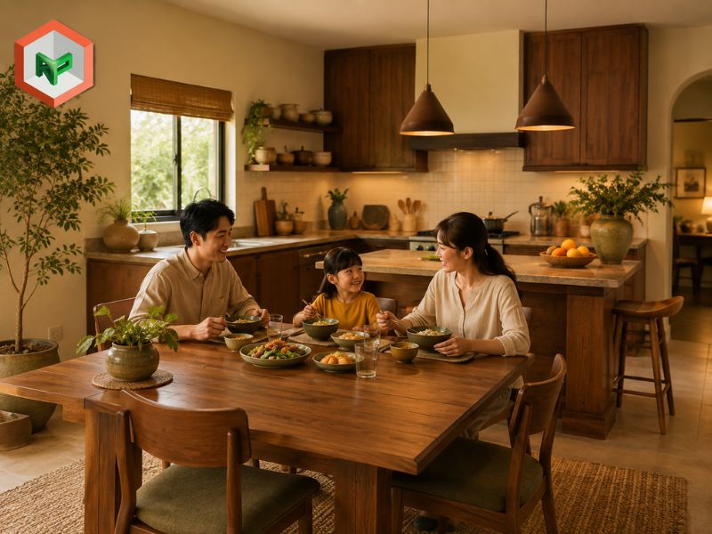 Phối màu earth tone cho phòng bếp, phòng ăn